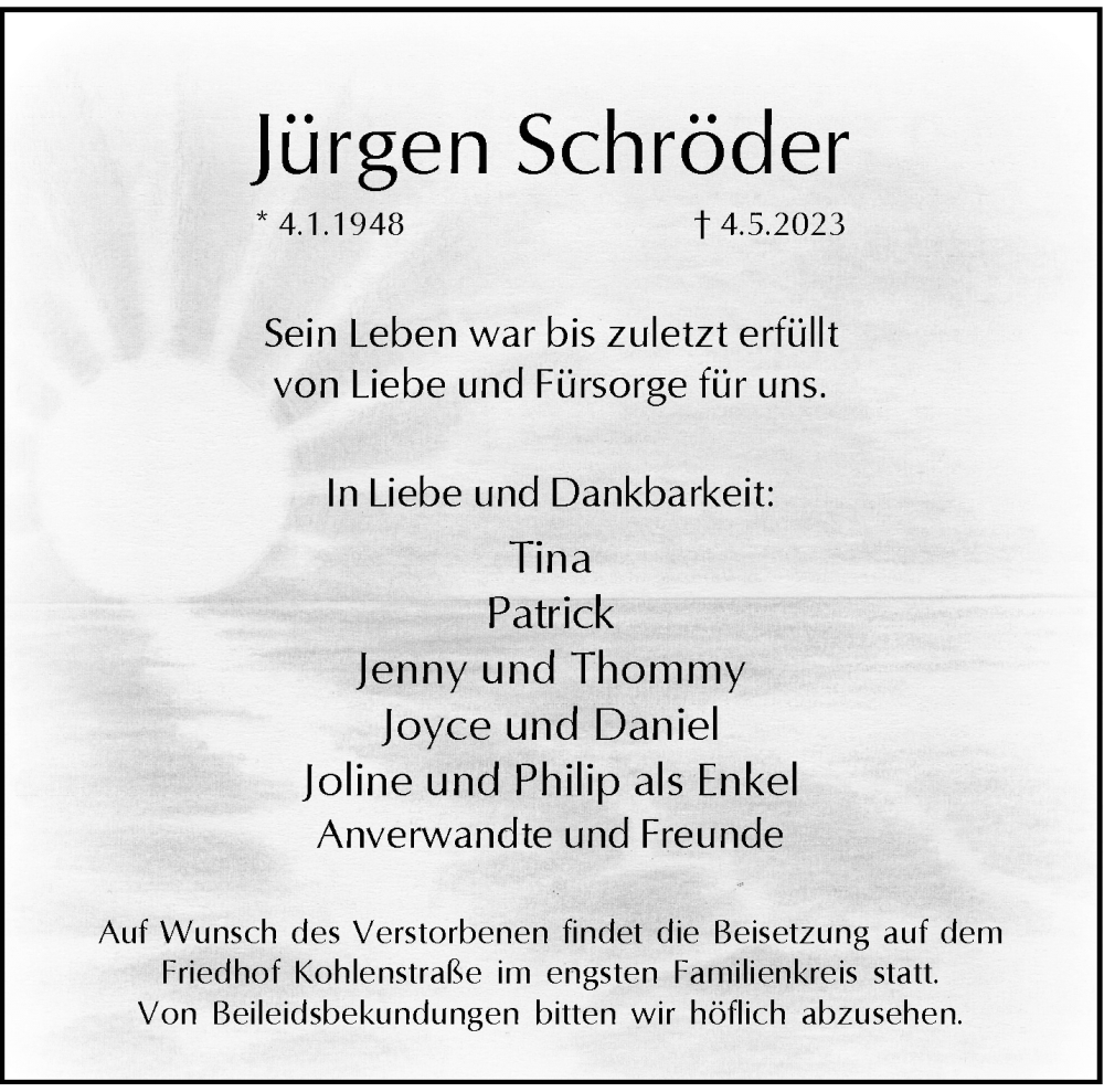  Traueranzeige für Jürgen Schröder vom 13.05.2023 aus trauer.wuppertaler-rundschau.de