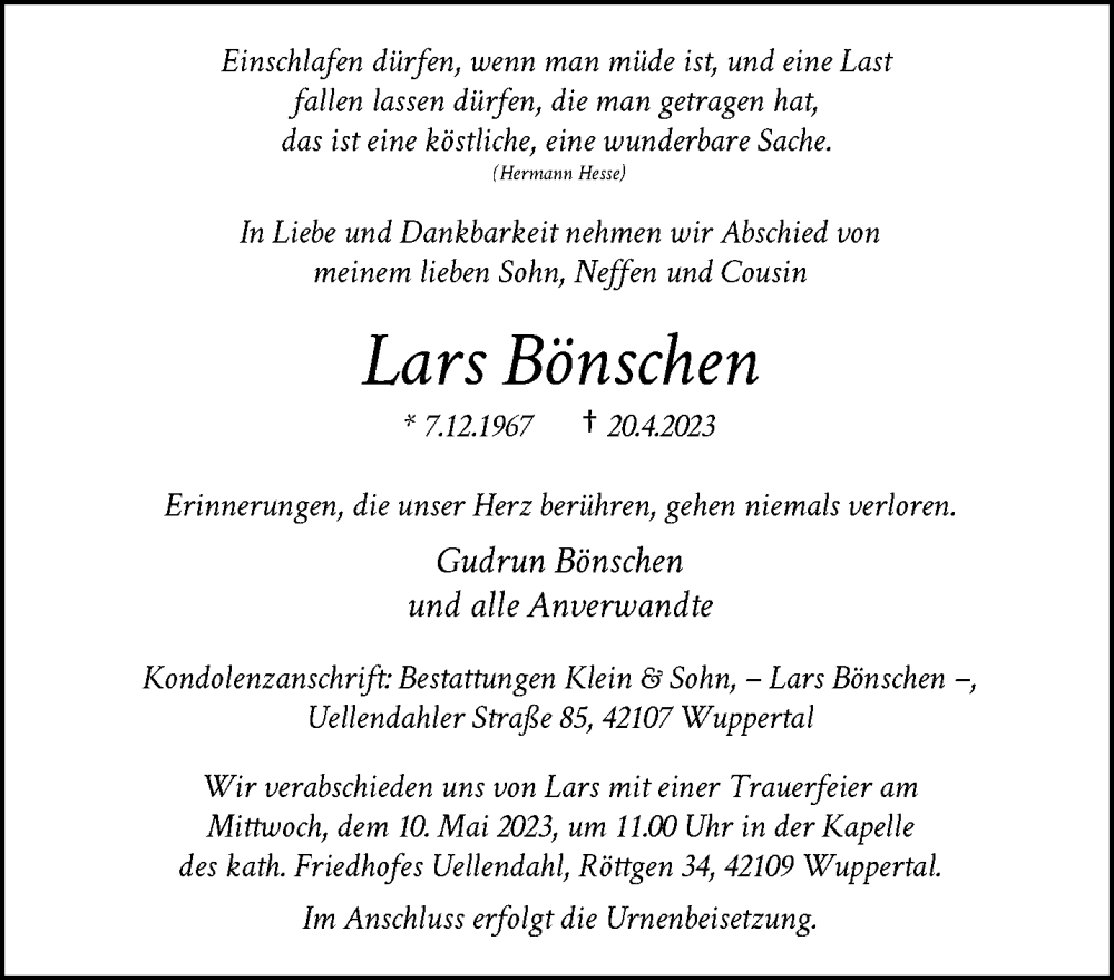  Traueranzeige für Lars Bönschen vom 06.05.2023 aus trauer.wuppertaler-rundschau.de