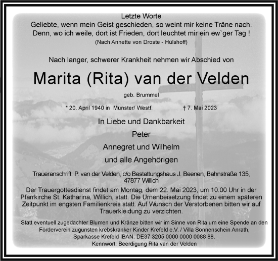 Traueranzeige von Marita van der Velden von trauer.extra-tipp-moenchengladbach.de