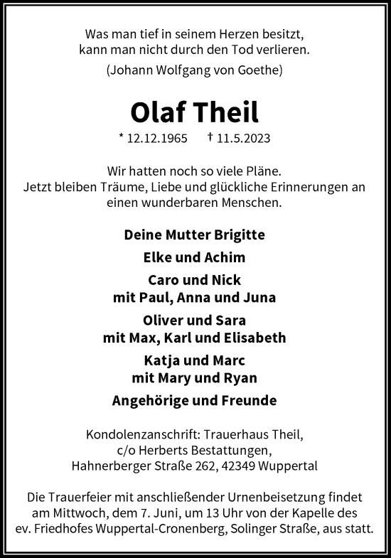 Traueranzeige von Olaf Theil von trauer.wuppertaler-rundschau.de