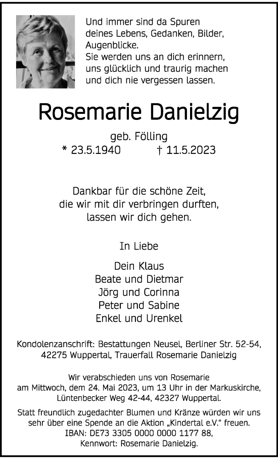 Traueranzeige von Rosemarie Danielzig von trauer.wuppertaler-rundschau.de