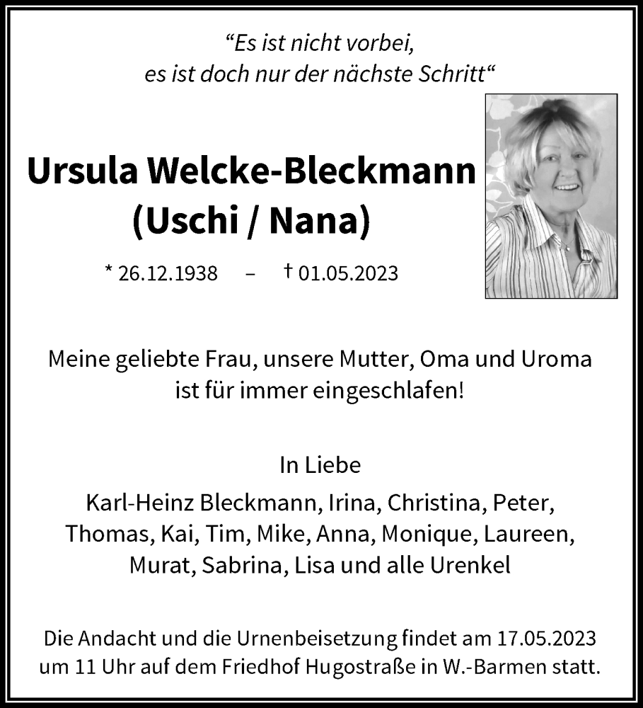  Traueranzeige für Ursula Welcke-Bleckmann vom 13.05.2023 aus trauer.wuppertaler-rundschau.de
