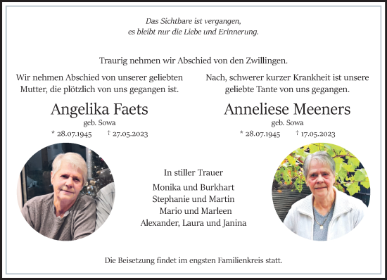 Traueranzeige von Angelika und Anneliese  von trauer.extra-tipp-moenchengladbach.de