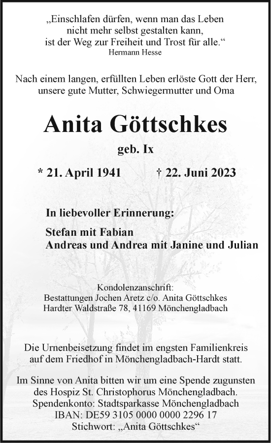 Traueranzeige von Anita Göttschkes von trauer.extra-tipp-moenchengladbach.de