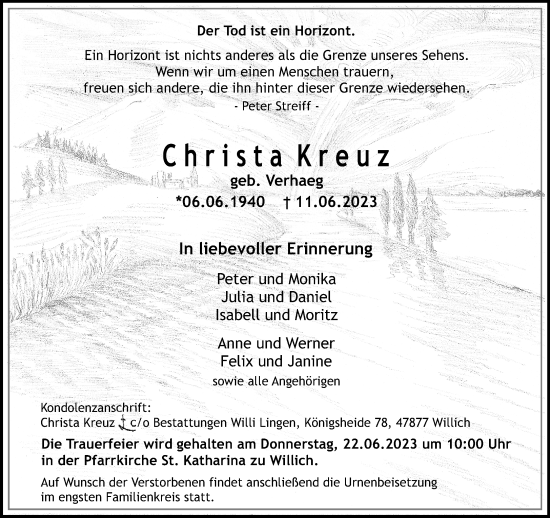 Traueranzeige von Christa Kreuz von trauer.extra-tipp-moenchengladbach.de