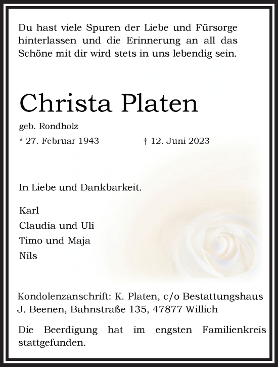 Traueranzeige von Christa Platen von trauer.extra-tipp-moenchengladbach.de