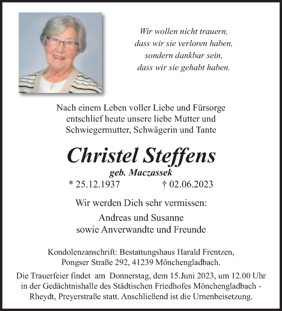 Traueranzeigen von Christel Steffens | Trauer und Gedenken