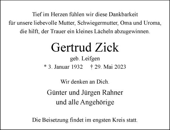 Traueranzeige von Gertrud Zick von trauer.extra-tipp-moenchengladbach.de