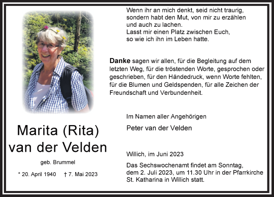 Traueranzeige von Marita van der Velden von trauer.extra-tipp-moenchengladbach.de