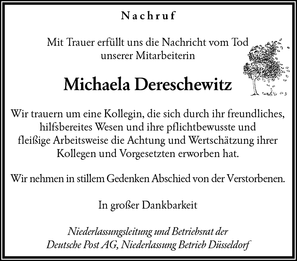  Traueranzeige für Michaela Dereschewitz vom 17.06.2023 aus trauer.wuppertaler-rundschau.de