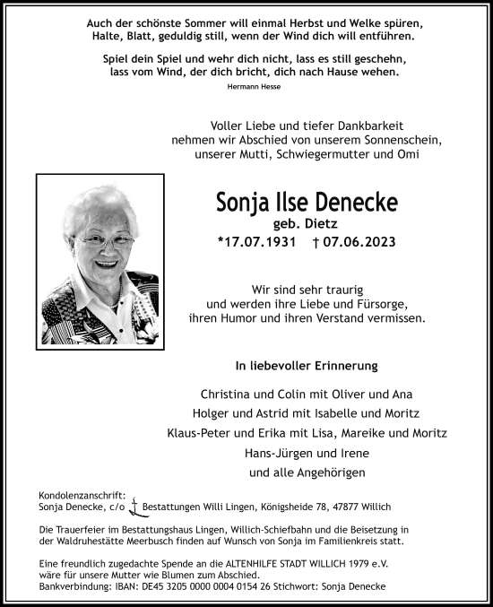 Traueranzeige von Sonja Ilse Denecke von trauer.extra-tipp-moenchengladbach.de