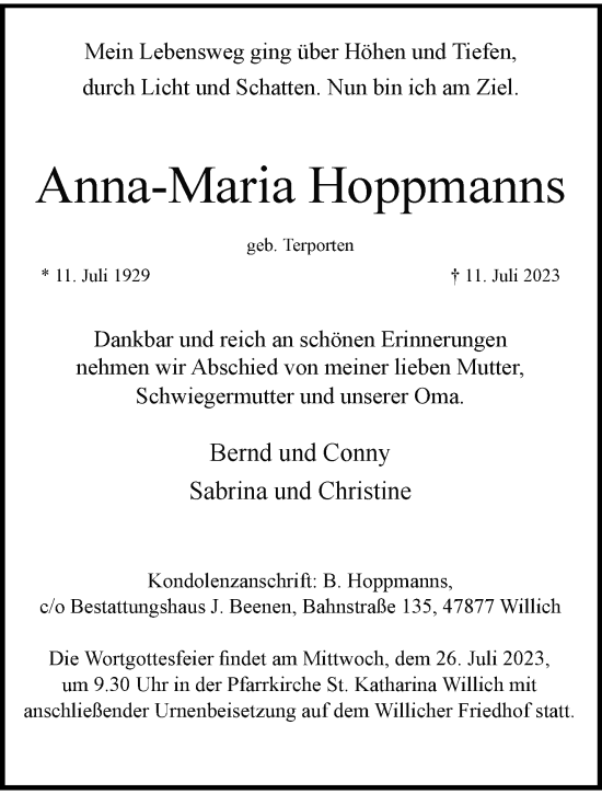 Traueranzeige von Anna-Maria Hoppmanns von trauer.extra-tipp-moenchengladbach.de