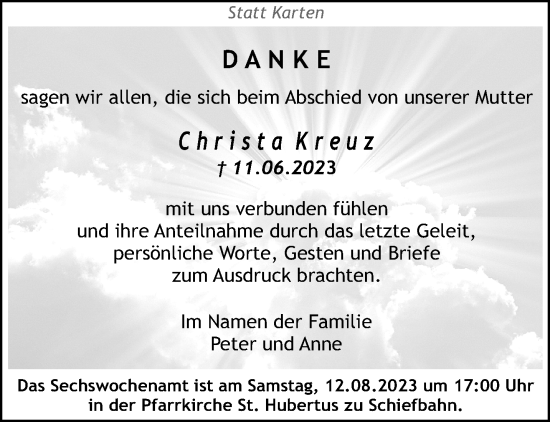 Traueranzeige von Christa Kreuz von trauer.extra-tipp-moenchengladbach.de