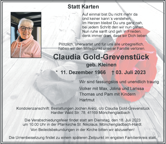 Traueranzeige von Claudia Gold-Grevenstück von trauer.extra-tipp-moenchengladbach.de
