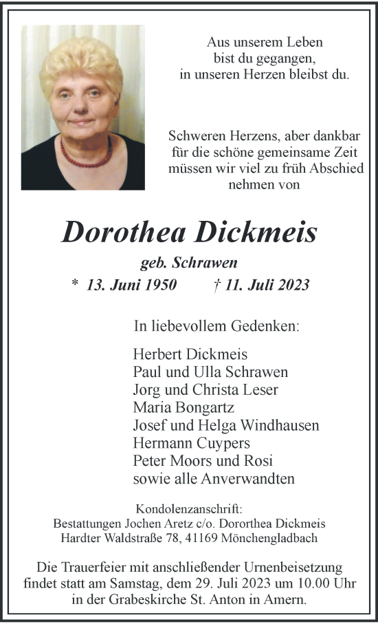 Traueranzeige von Dorothea Dickmeis von trauer.extra-tipp-moenchengladbach.de