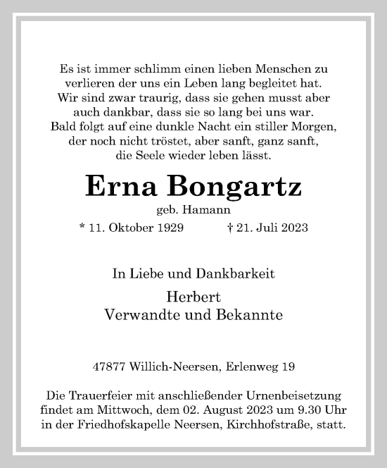 Traueranzeige von Erna Bongartz von trauer.extra-tipp-moenchengladbach.de