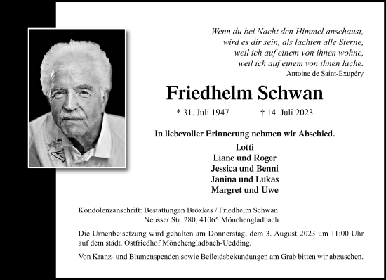 Traueranzeige von Friedhelm Schwan von trauer.extra-tipp-moenchengladbach.de