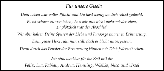 Traueranzeige von Gisela  von trauer.extra-tipp-moenchengladbach.de