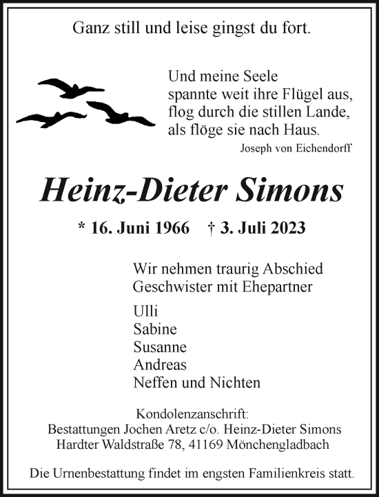 Traueranzeige von Heinz-Dieter Simons von trauer.extra-tipp-moenchengladbach.de