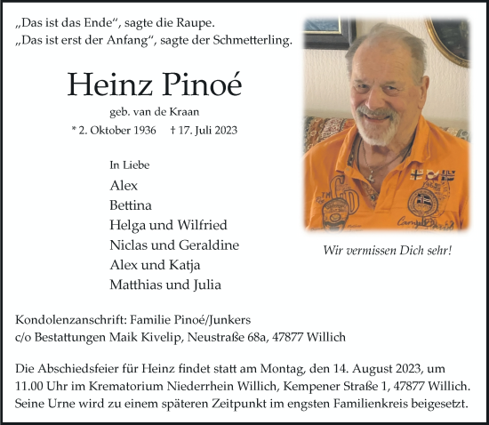 Traueranzeige von Heinz Pinoé von trauer.extra-tipp-moenchengladbach.de