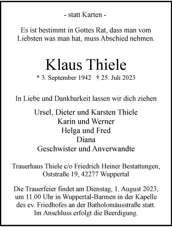 Traueranzeige von Klaus Thiele von trauer.wuppertaler-rundschau.de