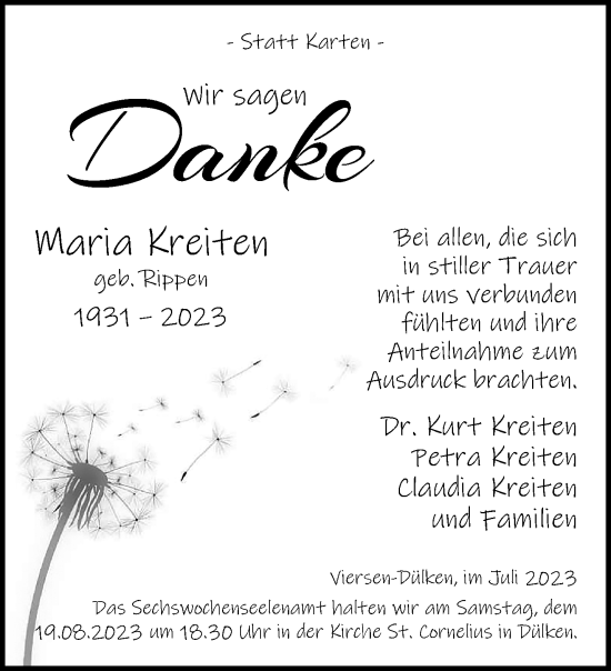 Traueranzeige von Maria Kreiten von trauer.extra-tipp-moenchengladbach.de