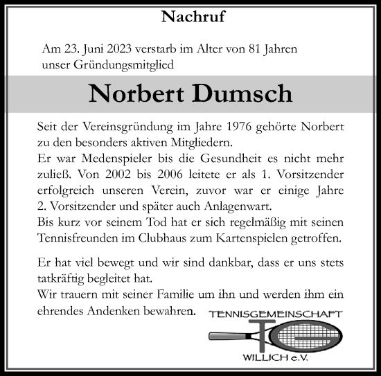 Traueranzeige von Norbert Dumsch von trauer.extra-tipp-moenchengladbach.de