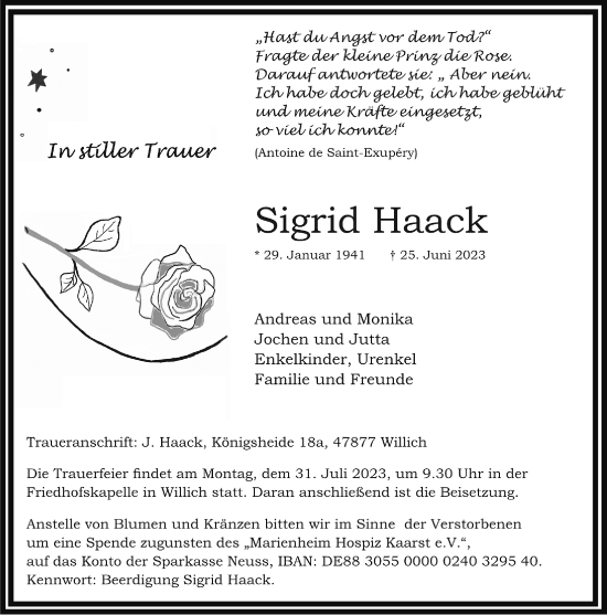 Traueranzeige von Sigrid Haack von trauer.extra-tipp-moenchengladbach.de