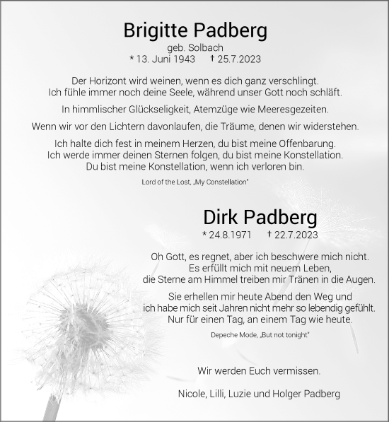 Traueranzeige von Brigitte und Dirk Padberg von trauer.wuppertaler-rundschau.de
