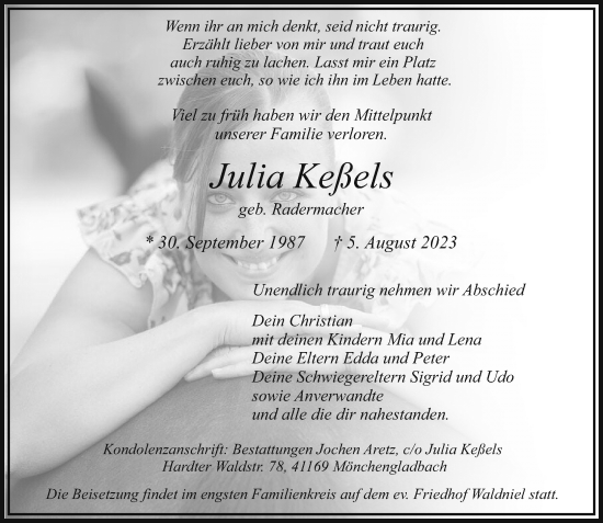 Traueranzeige von Julia Keßels von trauer.extra-tipp-moenchengladbach.de