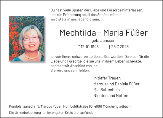 Traueranzeige von Mechtilda-Maria Füßer von trauer.extra-tipp-moenchengladbach.de