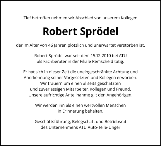 Traueranzeige von Robert Sprödel von trauer.wuppertaler-rundschau.de