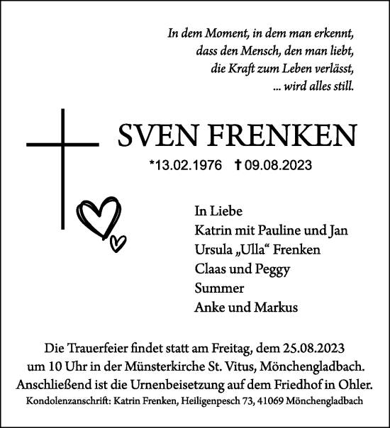 Traueranzeige von Sven Frenken von trauer.extra-tipp-moenchengladbach.de