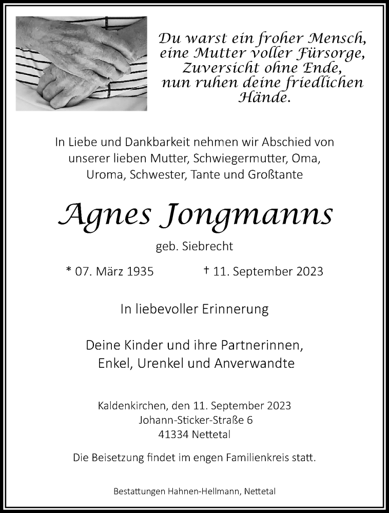  Traueranzeige für Agnes Jongmanns vom 17.09.2023 aus trauer.extra-tipp-moenchengladbach.de