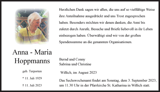 Traueranzeige von Anna-Maria Hoppmanns von trauer.extra-tipp-moenchengladbach.de