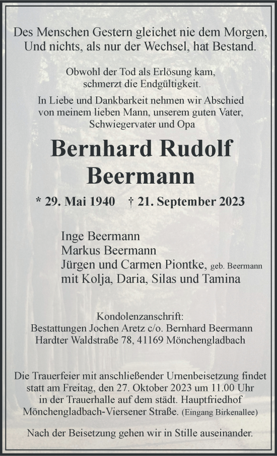 Traueranzeige von Bernhard Rudolf Beermann von trauer.extra-tipp-moenchengladbach.de