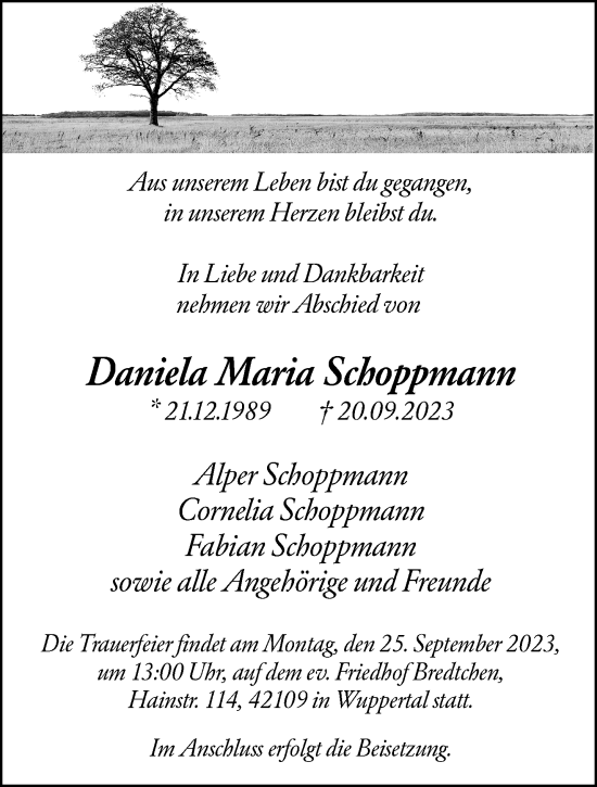 Traueranzeige von Daniela Maria Schoppmann von trauer.wuppertaler-rundschau.de