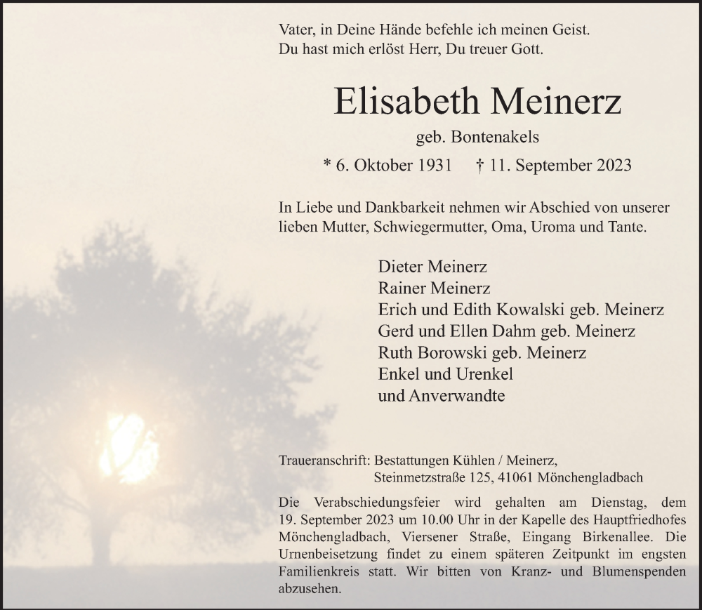  Traueranzeige für Elisabeth Meinerz vom 17.09.2023 aus trauer.extra-tipp-moenchengladbach.de