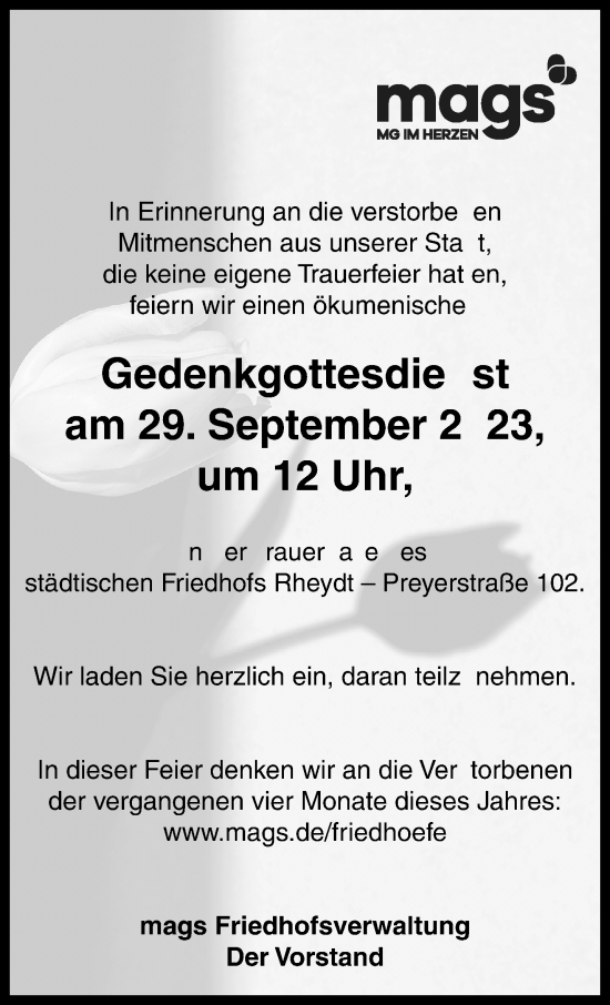 Traueranzeige von Gedenkgottesdienst  von trauer.extra-tipp-moenchengladbach.de