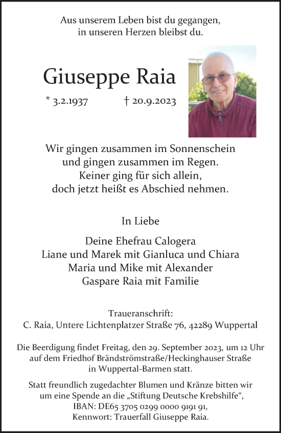 Traueranzeige von Giuseppe Raia von trauer.wuppertaler-rundschau.de