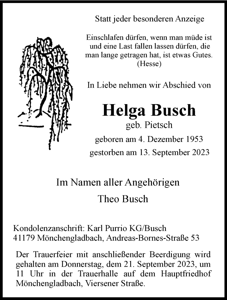  Traueranzeige für Helga Busch vom 17.09.2023 aus trauer.extra-tipp-moenchengladbach.de