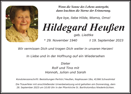 Traueranzeige von Hildegard Heußen von trauer.extra-tipp-moenchengladbach.de