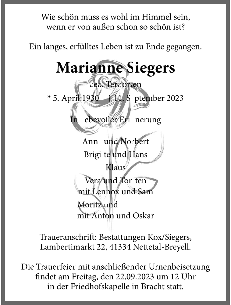  Traueranzeige für Marianne Siegers vom 17.09.2023 aus trauer.extra-tipp-moenchengladbach.de