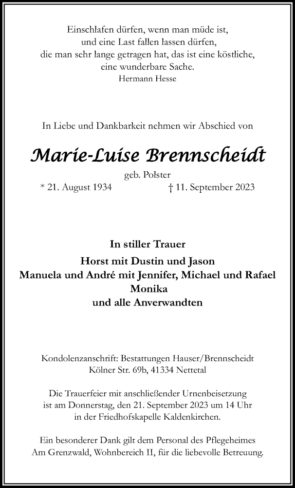  Traueranzeige für Marie-Luise Brennscheidt vom 17.09.2023 aus trauer.extra-tipp-moenchengladbach.de