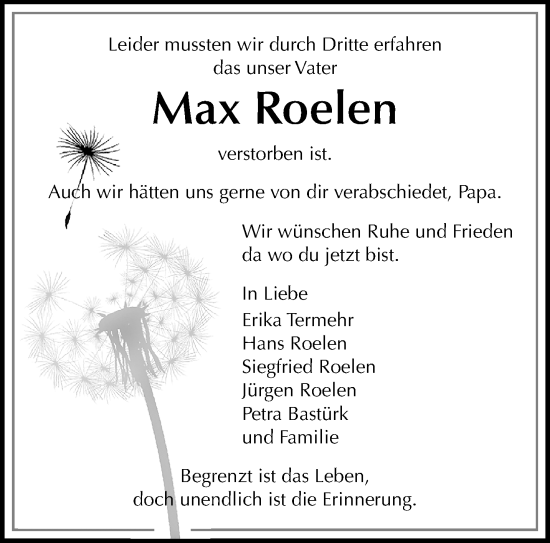 Traueranzeige von Max Roelen von trauer.extra-tipp-moenchengladbach.de