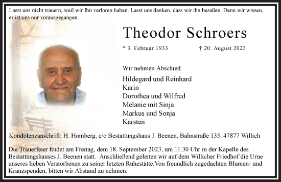 Traueranzeige von Theodor Schroers von trauer.extra-tipp-moenchengladbach.de