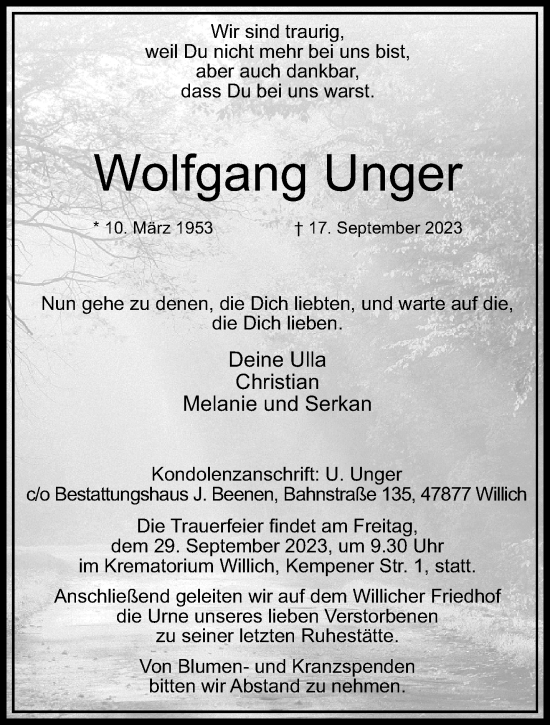 Traueranzeige von Wolfgang Unger von trauer.extra-tipp-moenchengladbach.de