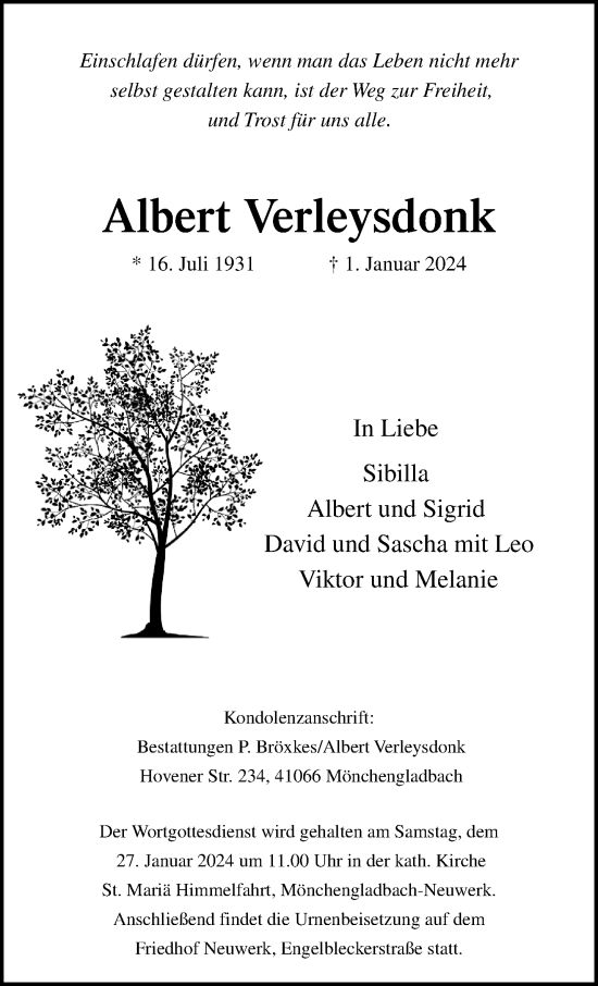 Traueranzeige von Albert Verleysdonk von trauer.extra-tipp-moenchengladbach.de