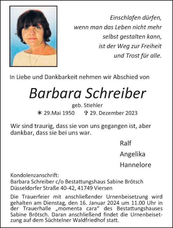 Traueranzeige von Barbara Schreiber von trauer.extra-tipp-moenchengladbach.de