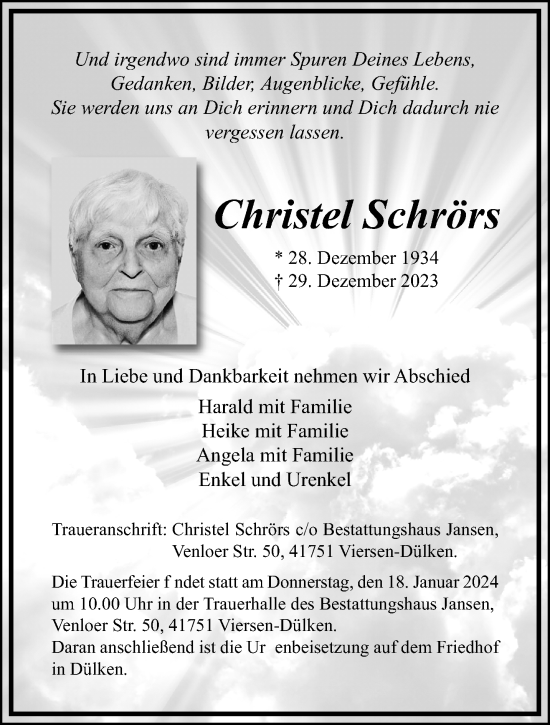 Traueranzeige von Christel Schrörs von trauer.extra-tipp-moenchengladbach.de